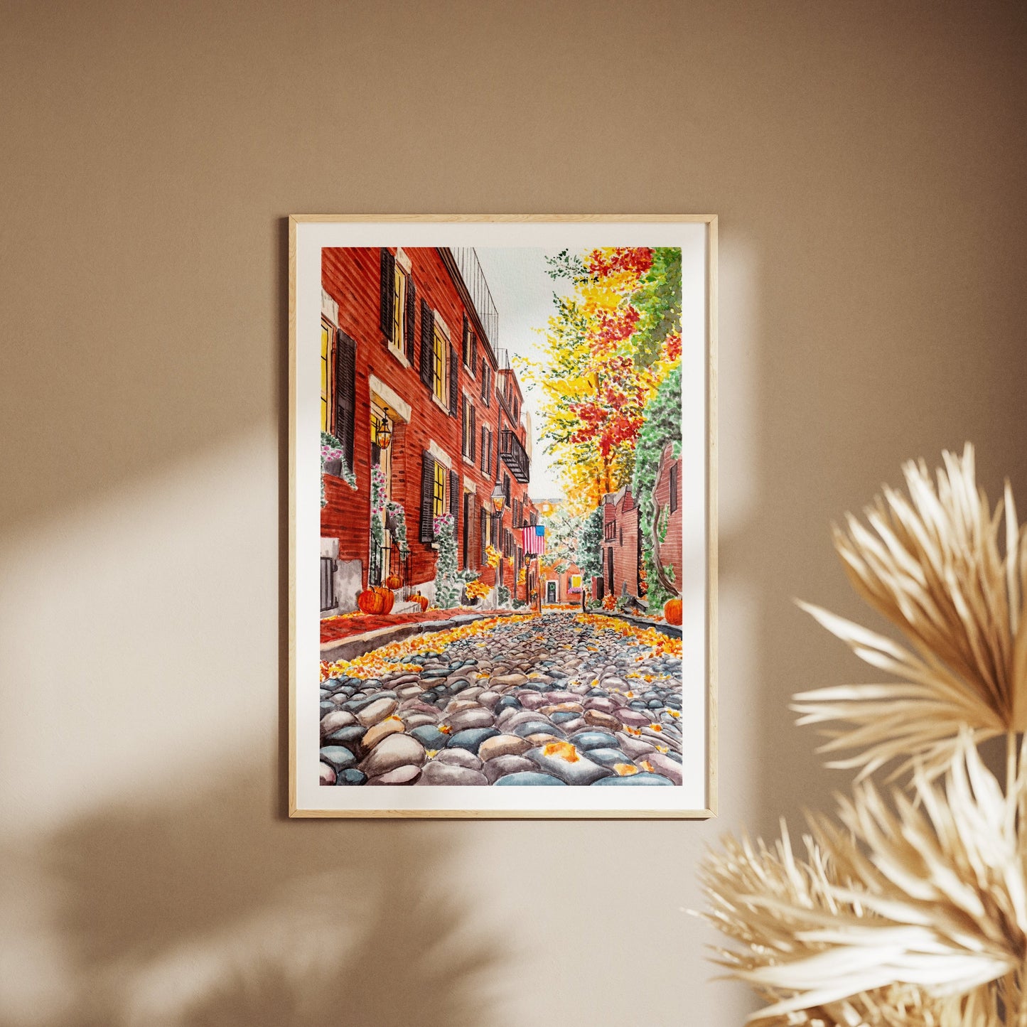 Acorn Street Boston Watercolor Painting - NorrskenArt