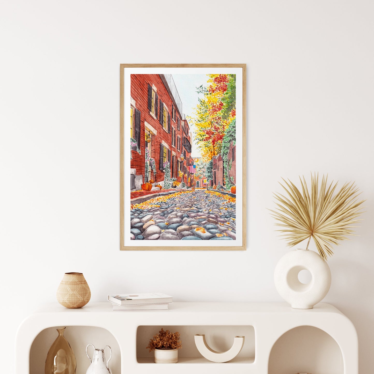 Acorn Street Boston Watercolor Painting - Autumn Decor - NorrskenArt