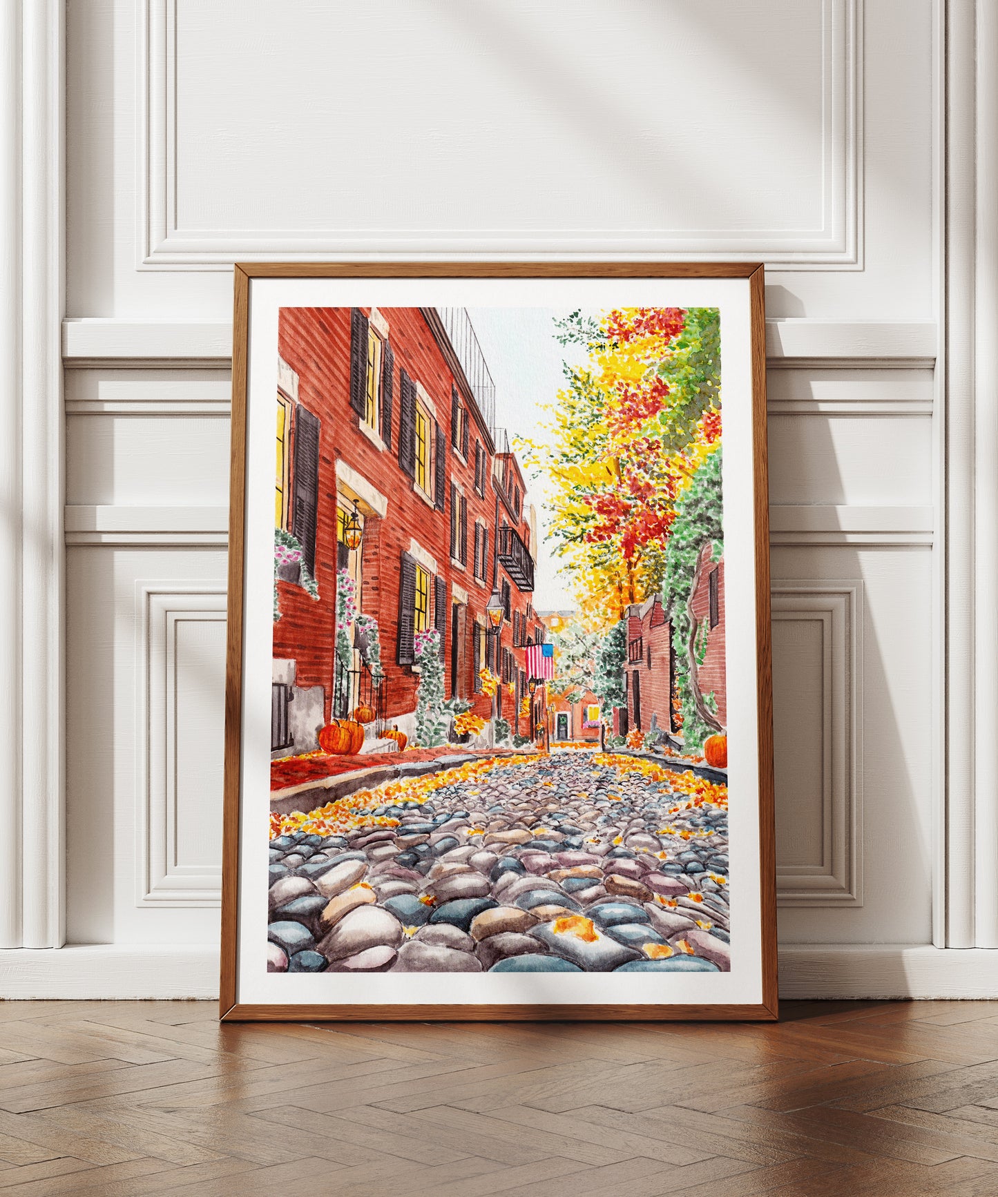 Acorn Street Watercolor Wall Art - NorrskenArt