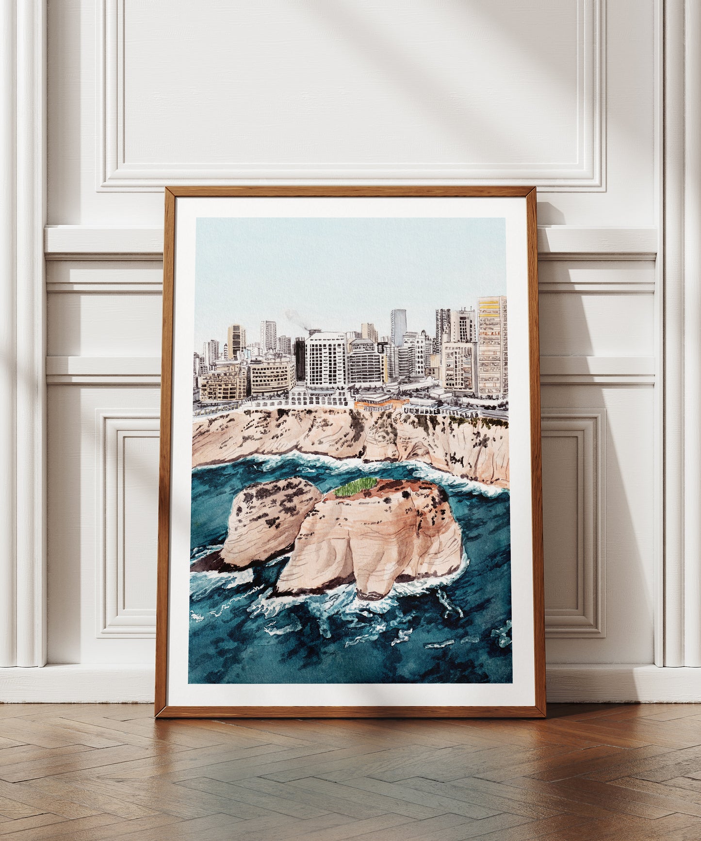 Arte mural de la bahía de Raouche de Beirut, pintura en acuarela, arte libanés, decoración de Oriente Medio, paisaje urbano de Beirut, regalo de viaje