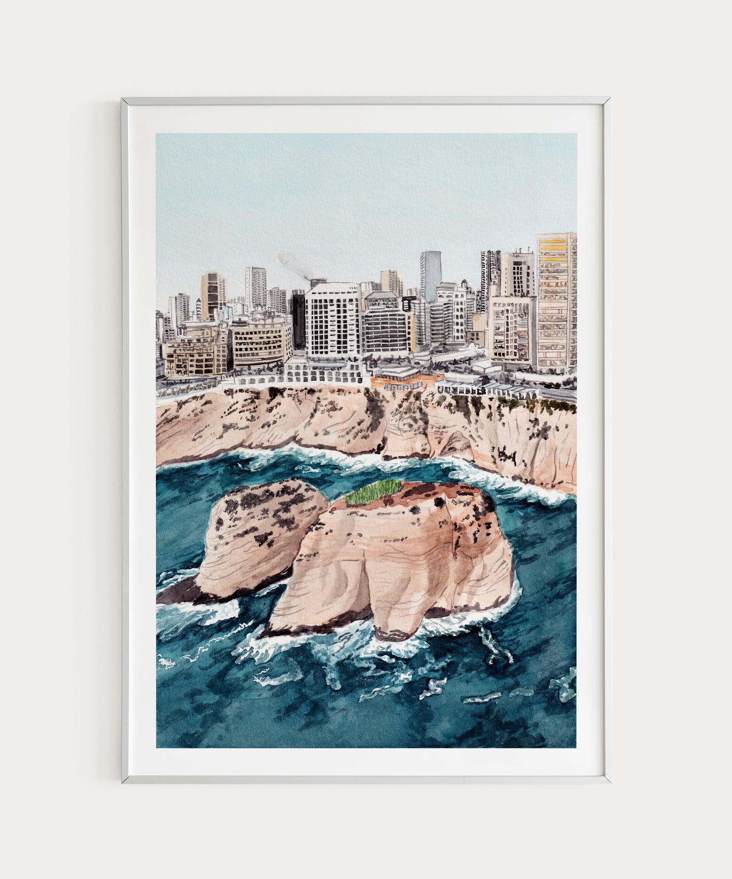 Arte mural de la bahía de Raouche de Beirut, pintura en acuarela, arte libanés, decoración de Oriente Medio, paisaje urbano de Beirut, regalo de viaje