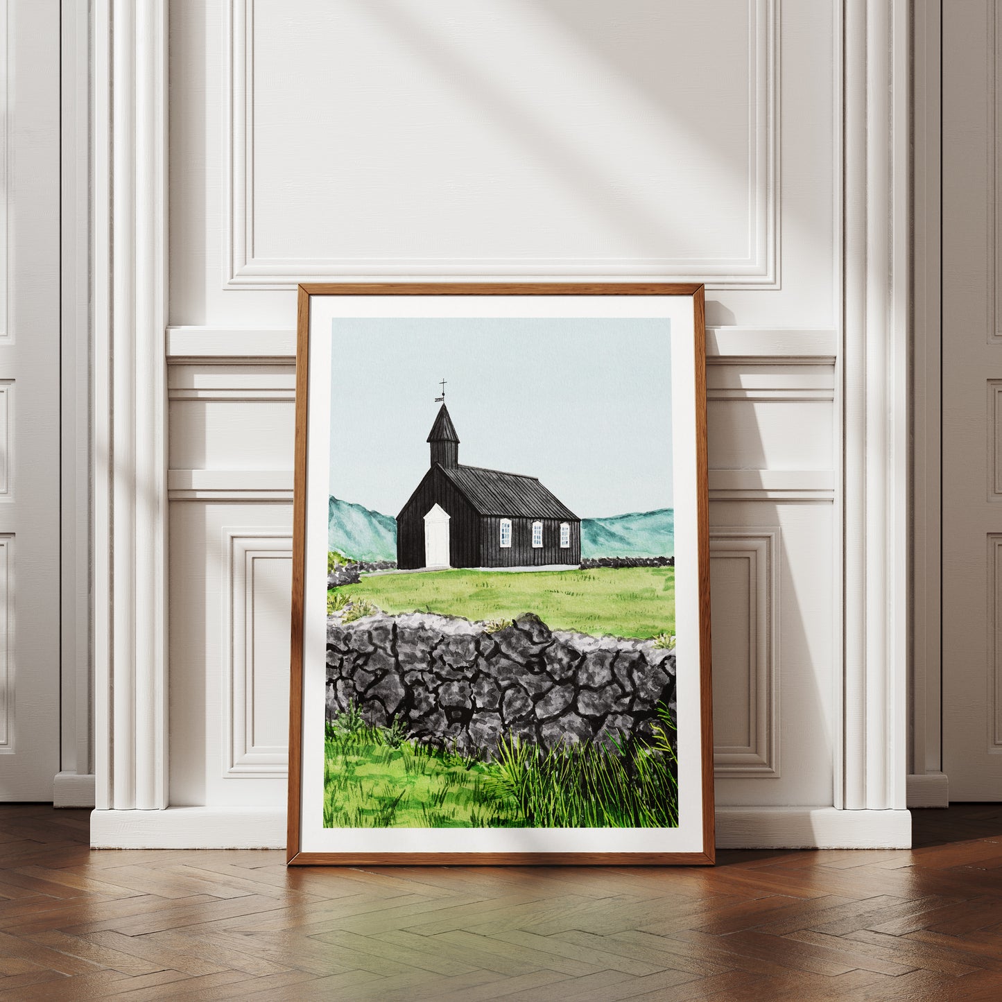 Iglesia Negra Budir Islandia Arte mural en acuarela Decoración escandinava Paisaje islandés Arte europeo Regalo de viaje