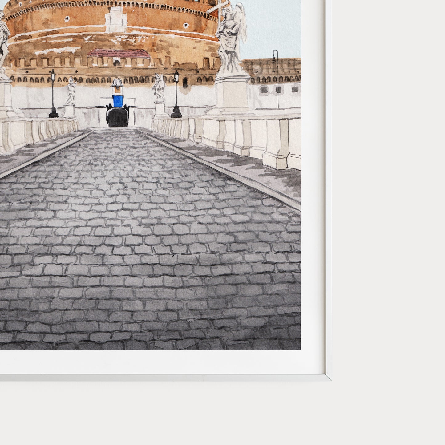 Castillo de Sant'Angelo, Roma, acuarela, arte mural, pintura de Roma, paisaje urbano, decoración italiana, arte europeo, regalo de viaje