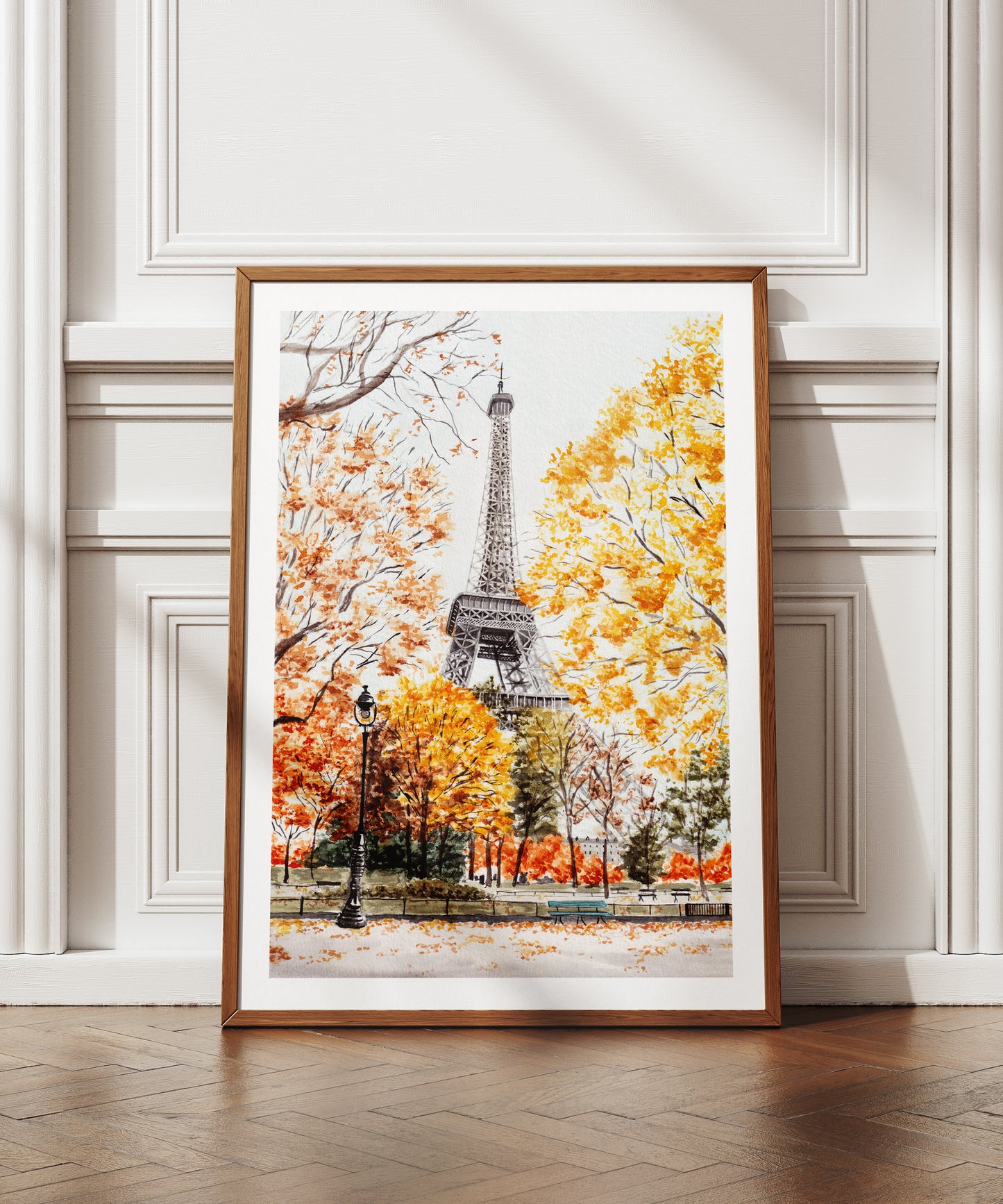 Torre Eiffel de París en otoño, arte mural en acuarela, paisaje urbano de París, decoración francesa, arte europeo, regalo de viaje