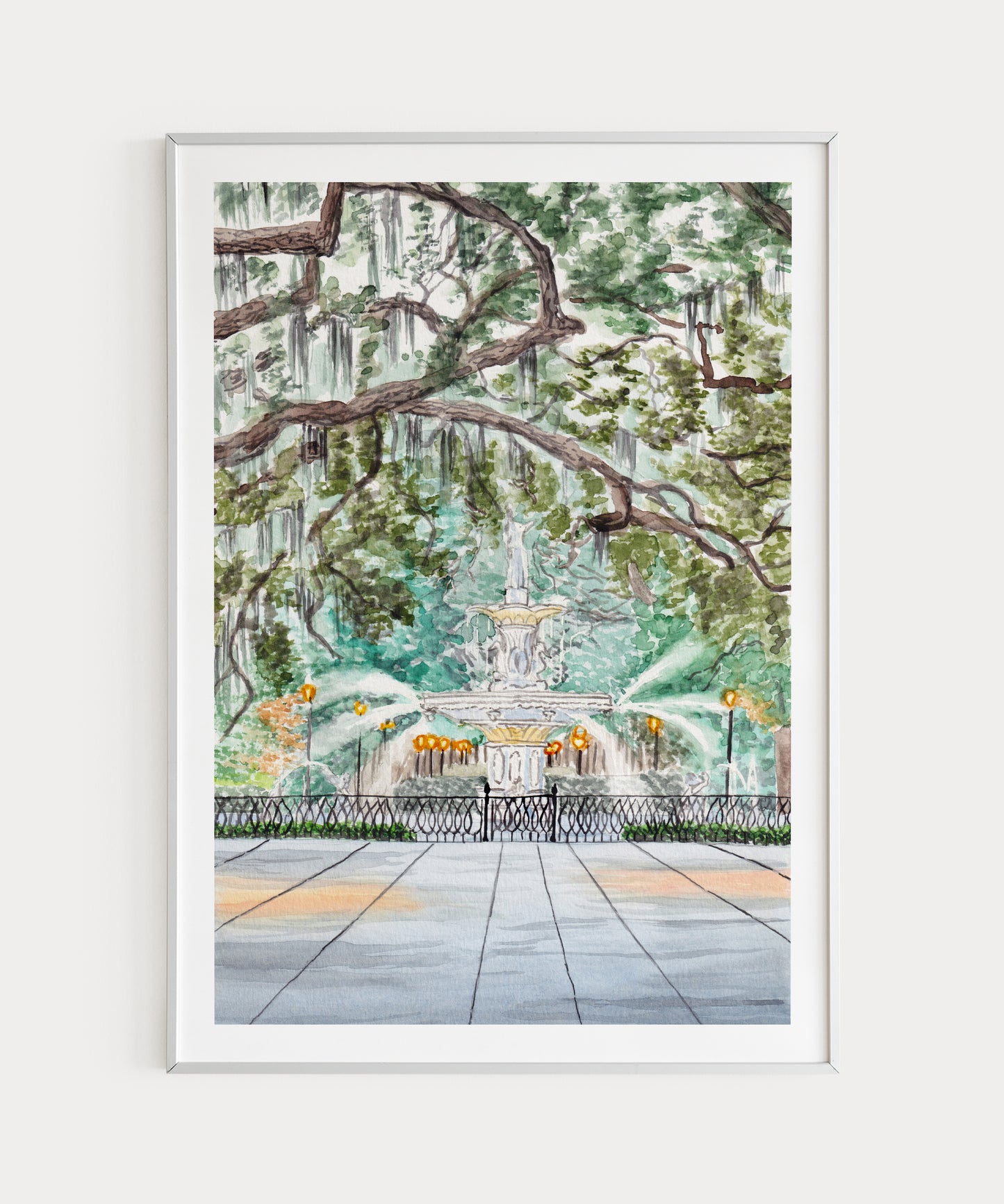 Forsyth Park Fountain Print, Savannah Wall Art, Watercolor Painting, Savannah Cityscape, Travel Gift