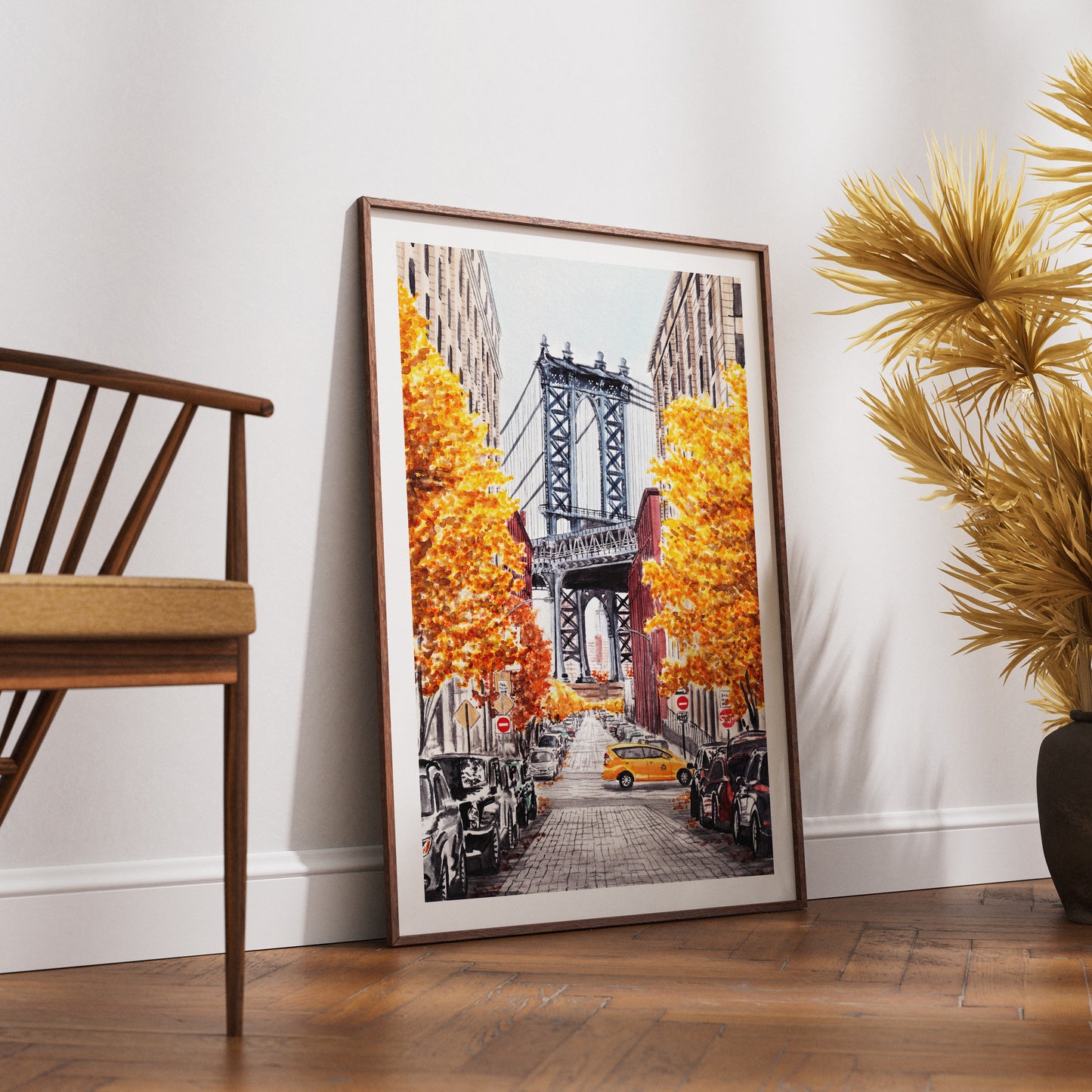 Manhattan Bridge Print, New York Wall Art, Watercolor Painting, Fall Decor, New York Cityscape, Travel Gift