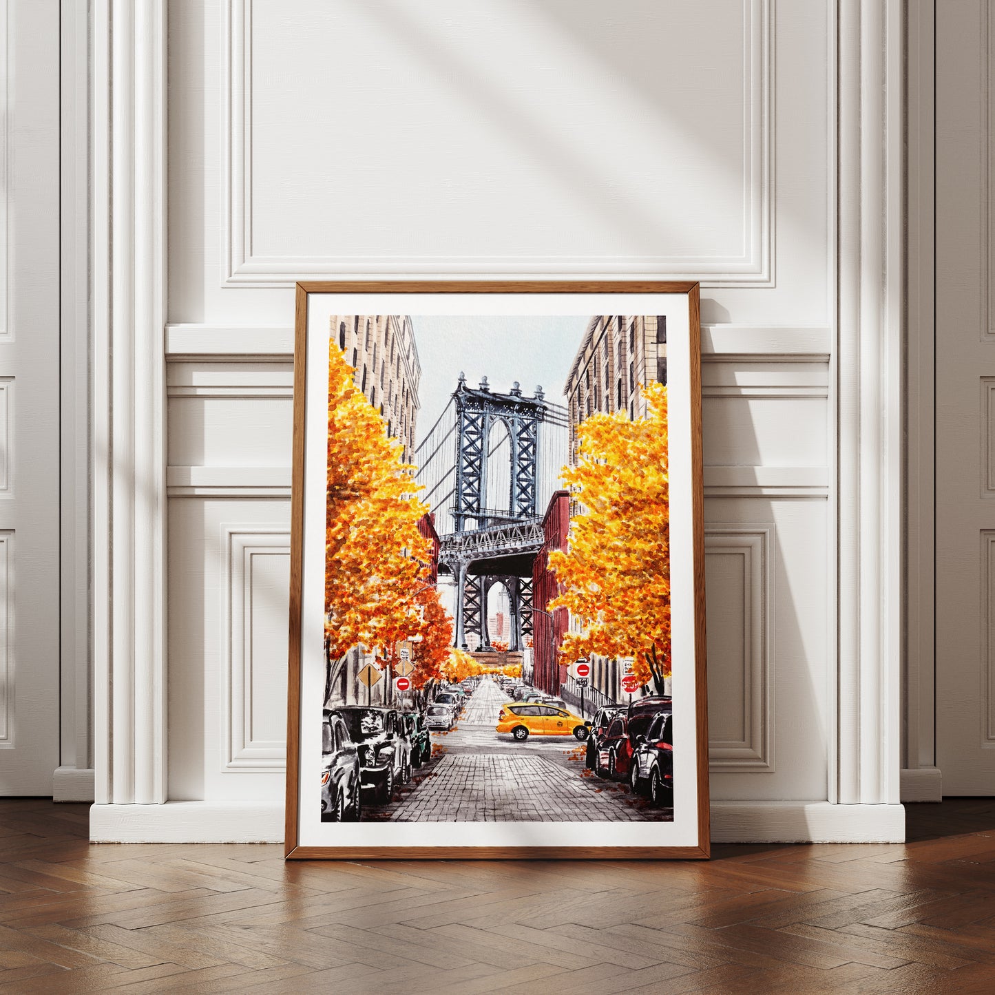 Manhattan Bridge Print, New York Wall Art, Watercolor Painting, Fall Decor, New York Cityscape, Travel Gift