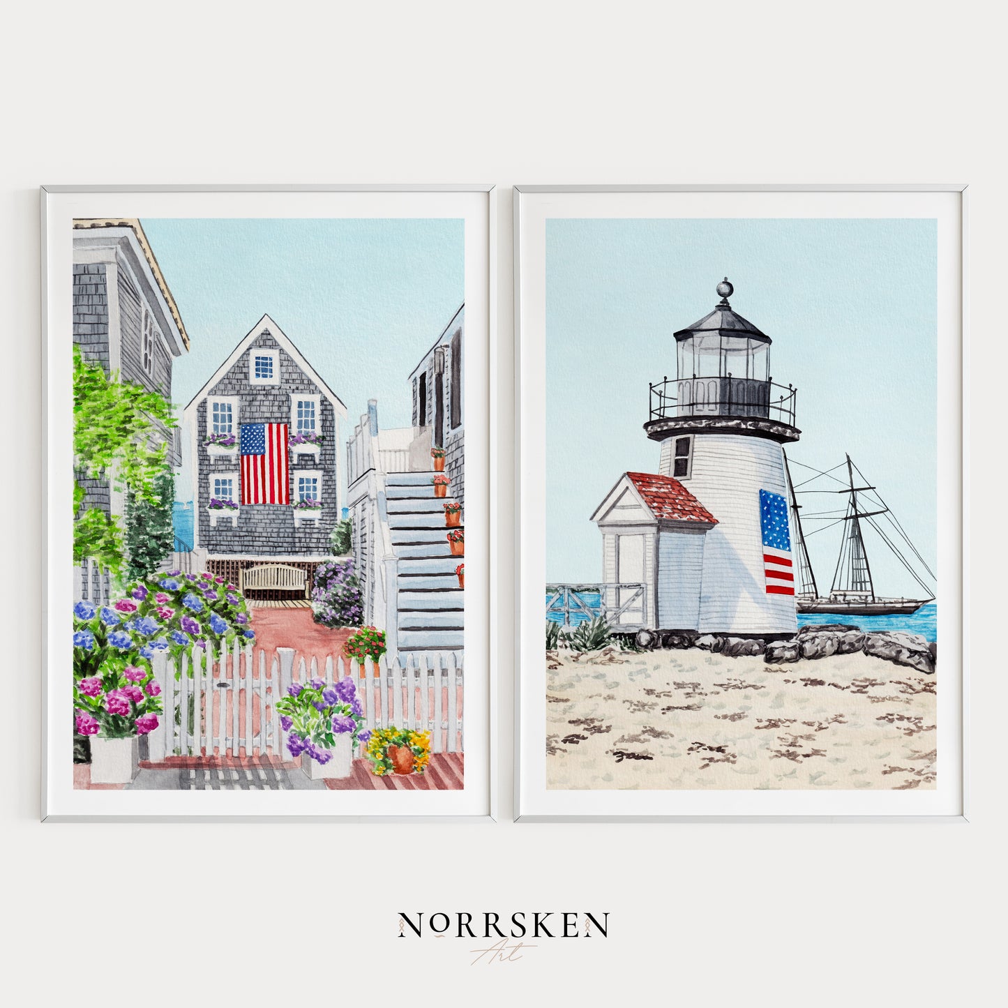 Massachusetts Set of 6 Watercolor Wall Art, Cape Cod Art Print, Nantucket Island Landscape, USA Decor, Massachusetts Art Prints, Patriotic Art