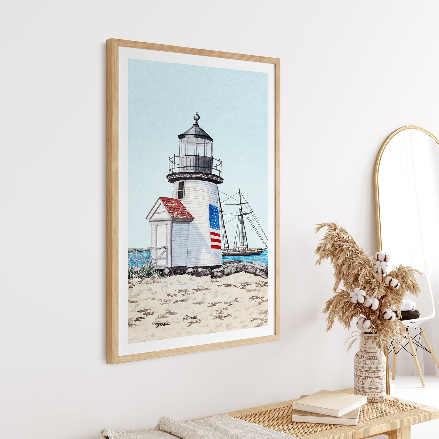 Nantucket Print, Brant Point Lighthouse, Watercolor Painting, Massachusetts Art, Coastal Landscape wall art, Nautical Wall Decor, Travel Gift