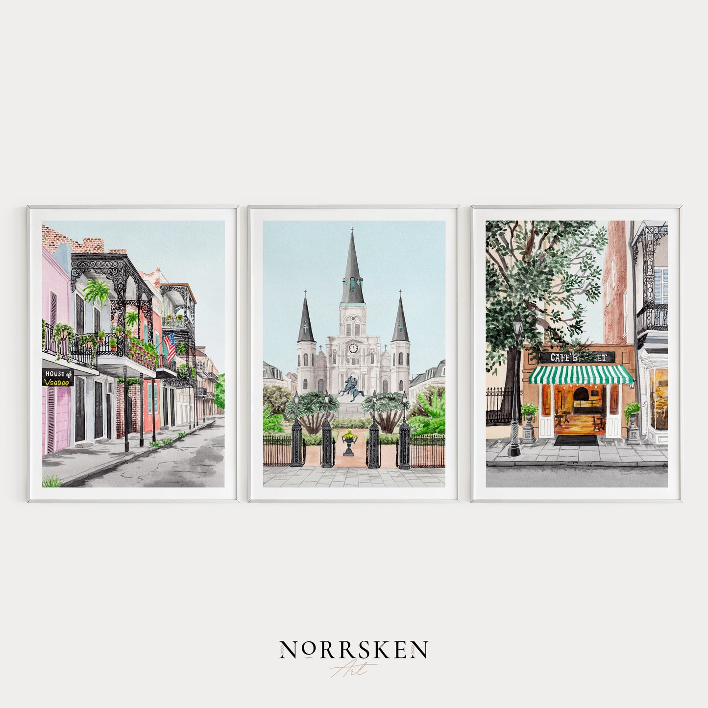 New Orleans Set of 3 Watercolor Art Prints - NorrskenArt