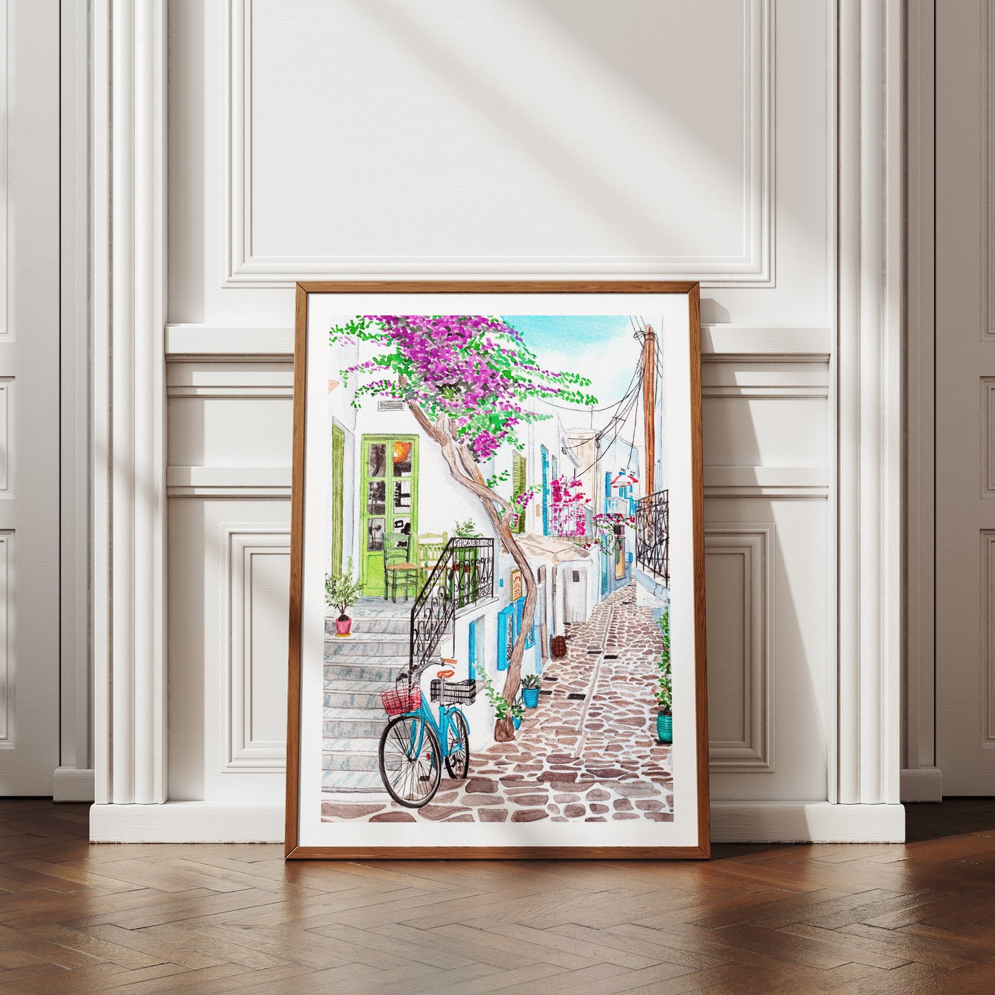 Impresión artística en acuarela del paisaje urbano de Paros, Grecia | Decoración mediterránea | Regalo de viaje a una isla griega | Paisaje costero
