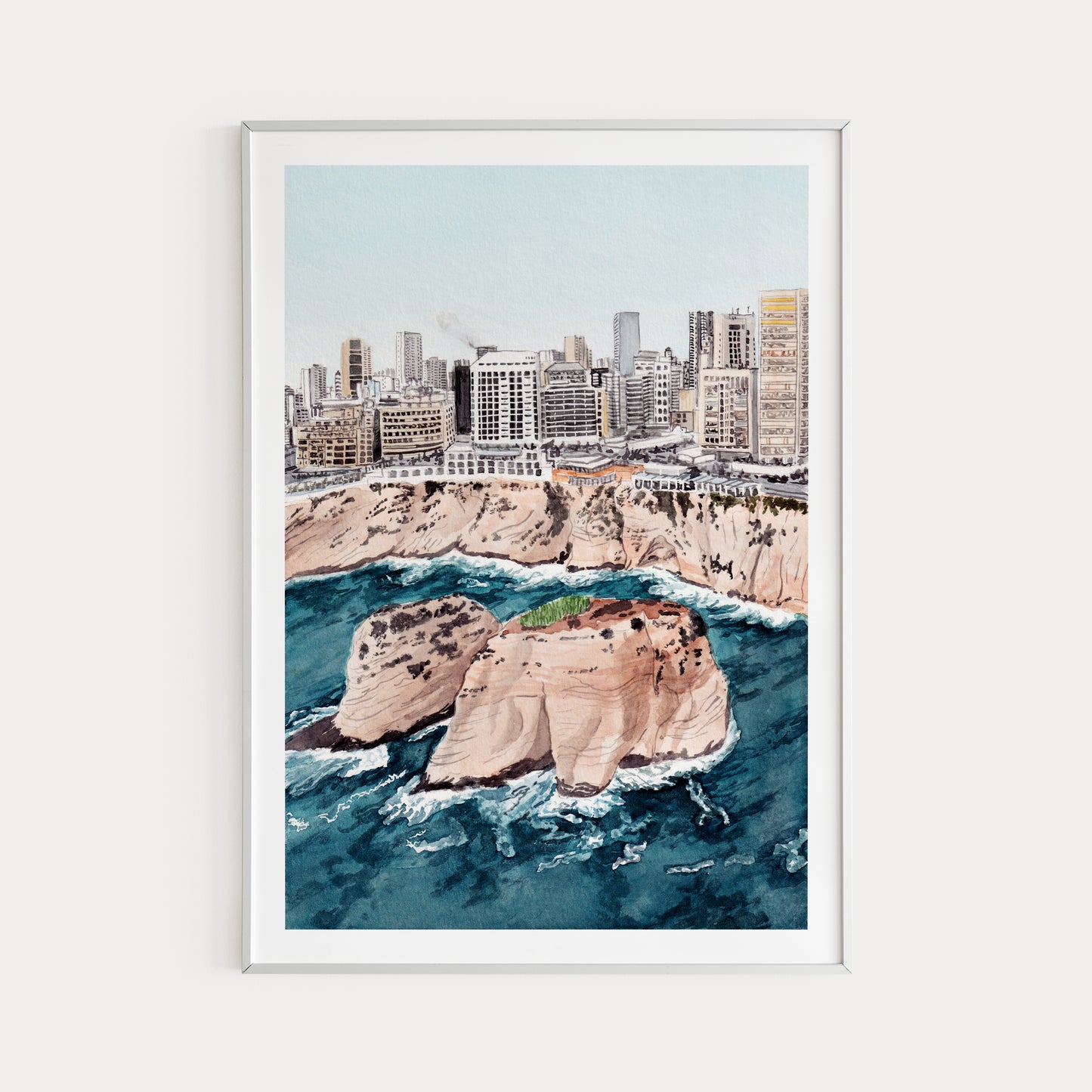 Raouche Bay Beirut Watercolor Painting Lebanon Wall Art