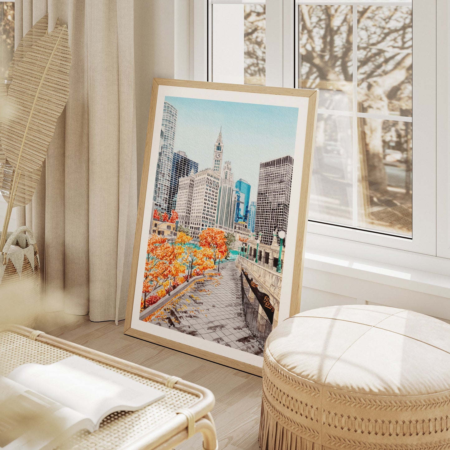Chicago Riverwalk Watercolor Art Print - Autumn Wall Art - NorrskenArt