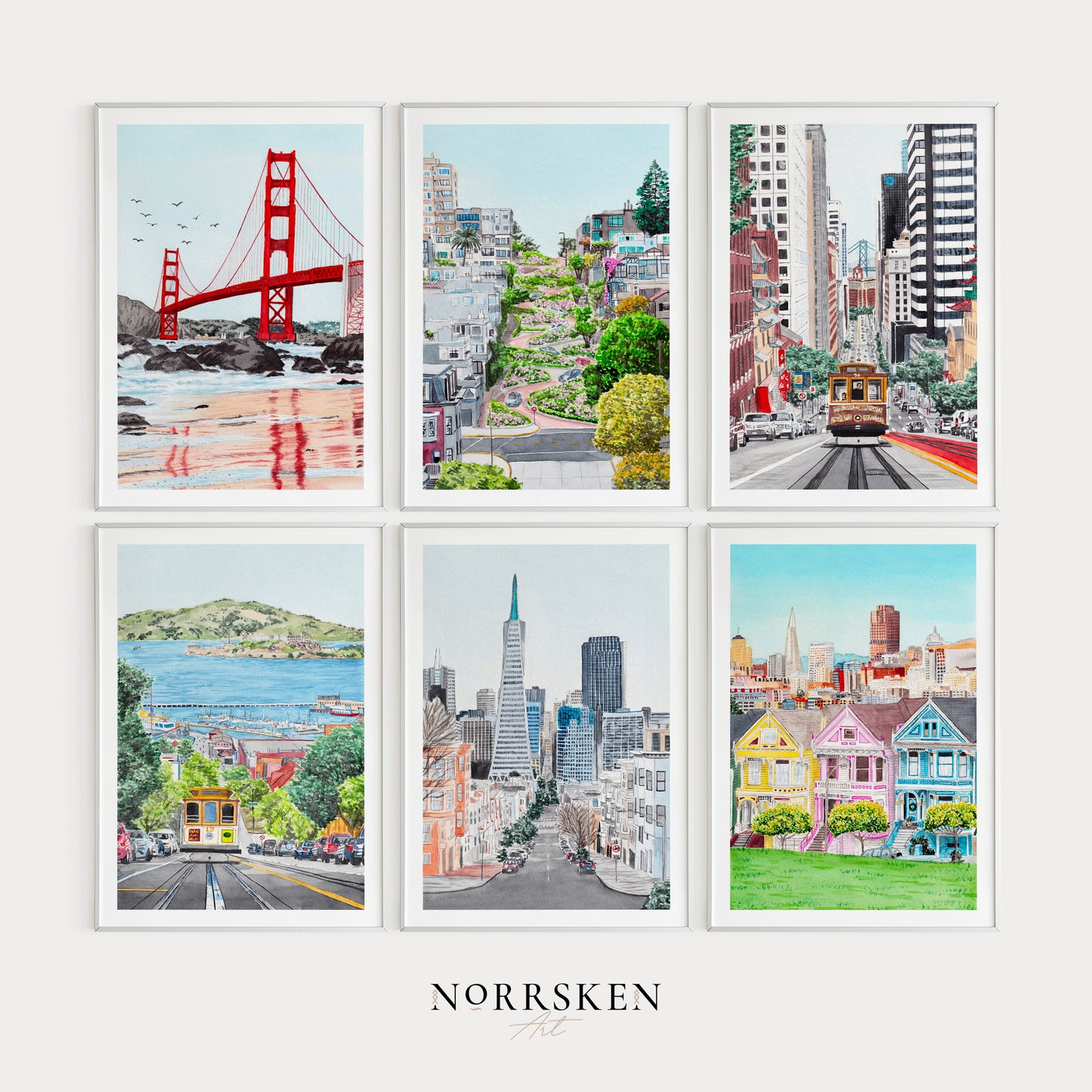 San Francisco Set of 6 Watercolor Wall Art - NorrskenArt