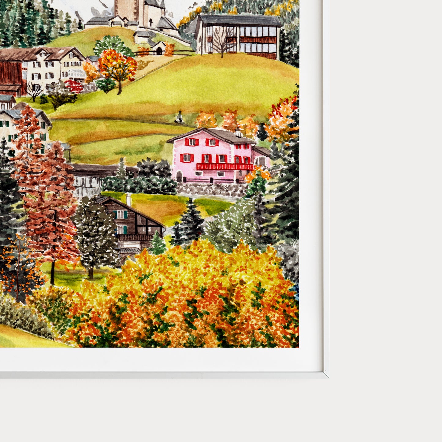 Schmitten Switzerland in Fall Watercolor Art Print | Swiss Landscape | Autumn Travel Gift