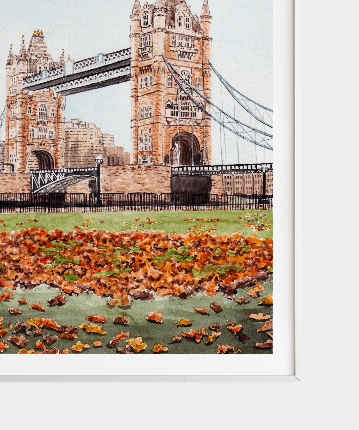 Arte mural otoñal del Puente de la Torre de Londres, pintura en acuarela, decoración británica, paisaje urbano de Londres, arte europeo, regalo de viaje