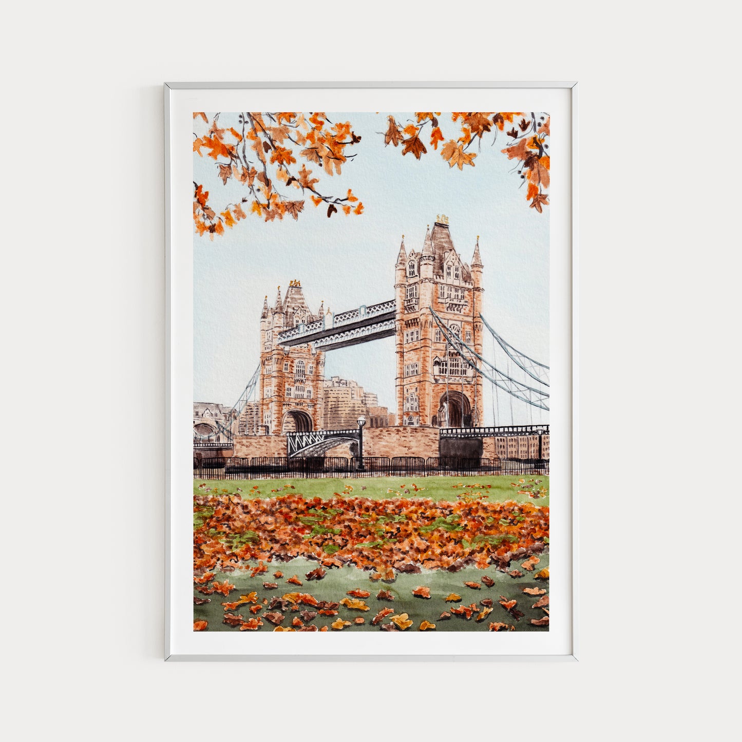 Arte mural otoñal del Puente de la Torre de Londres, pintura en acuarela, decoración británica, paisaje urbano de Londres, arte europeo, regalo de viaje