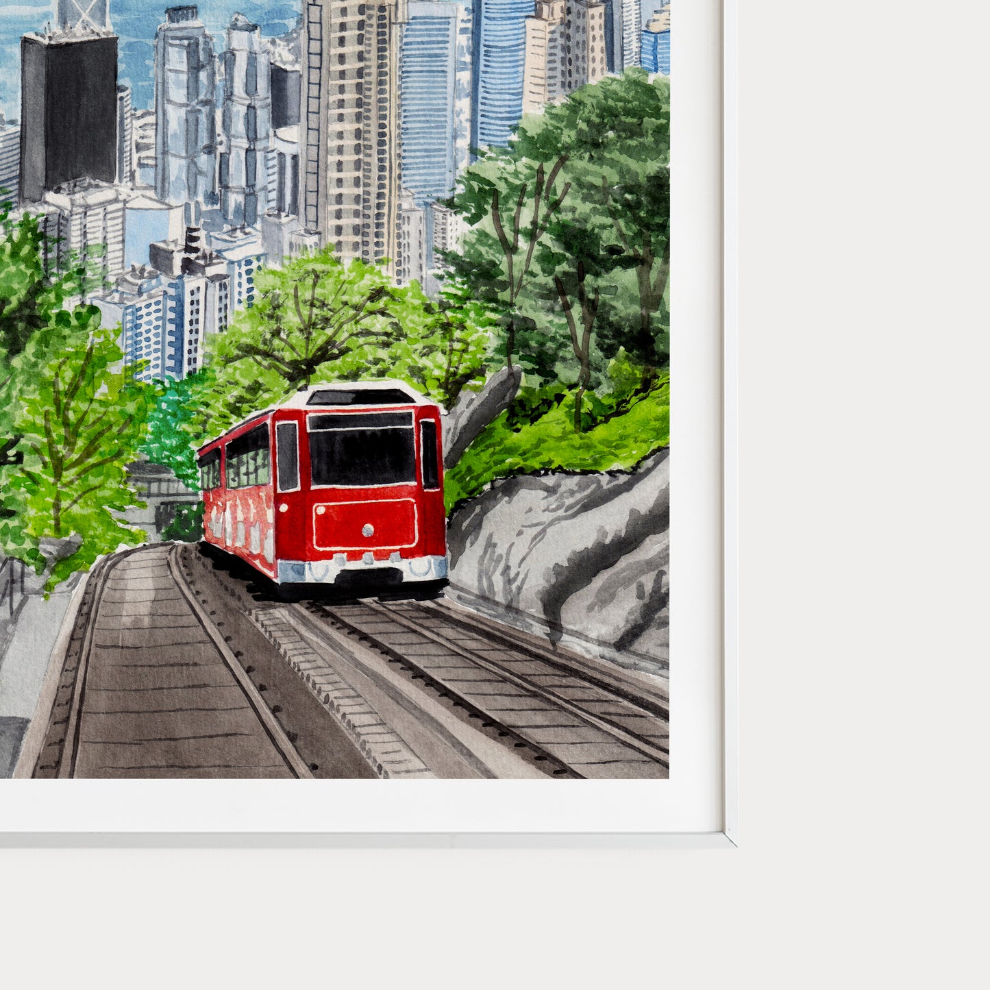 Arte mural en acuarela del Pico Victoria, paisaje urbano de Hong Kong, arte asiático, pintura de Hong Kong, regalo de viaje