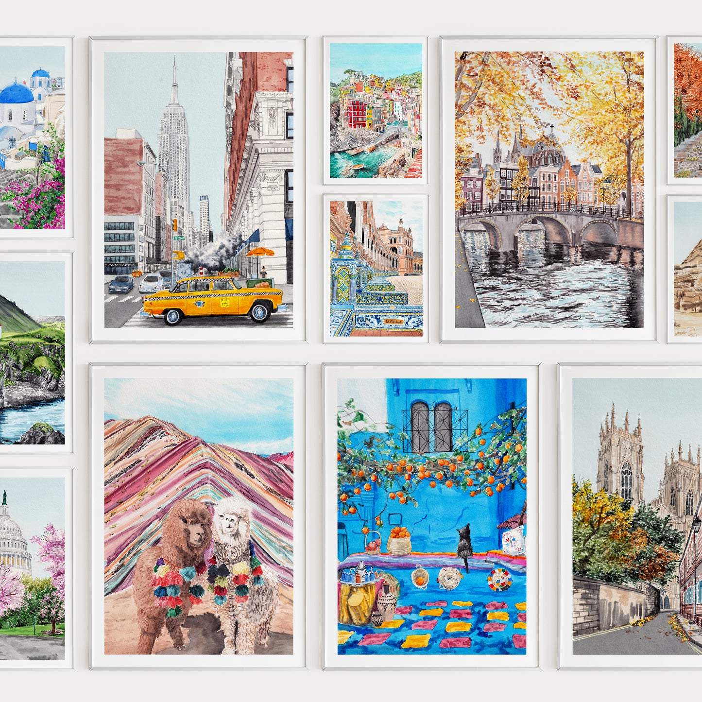Watercolor gallery wall art cityscapes - NorrskenArt