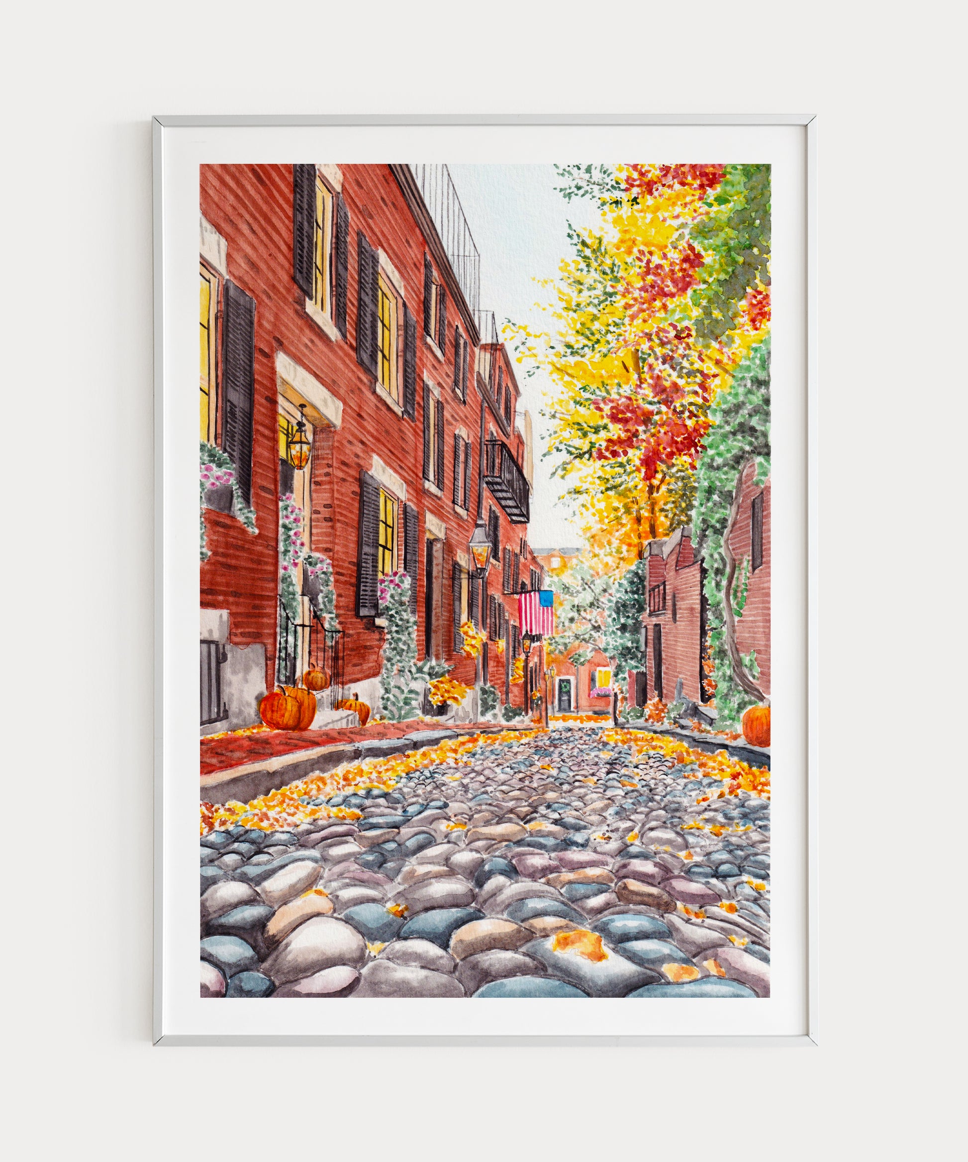 Acorn Boston in Fall Watercolor Art Print - US Fall Autumn Decor - NorrskenArt