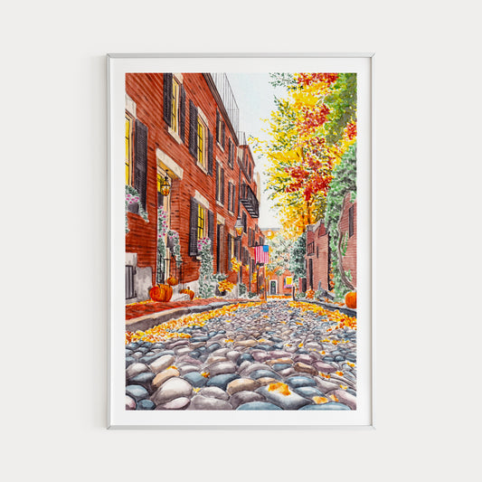 Acorn Boston in Fall Watercolor Art Print - US Fall Autumn Decor - NorrskenArt