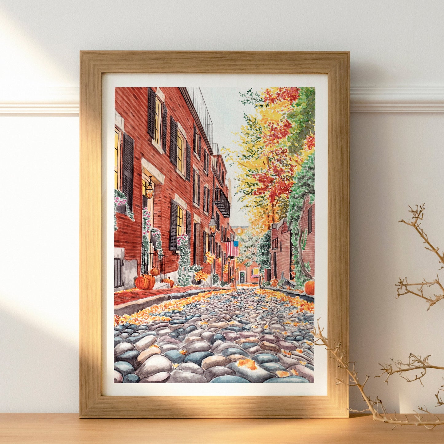 Acorn Boston in Fall Watercolor Art Print - US Fall Autumn Decor - NorrskenArt