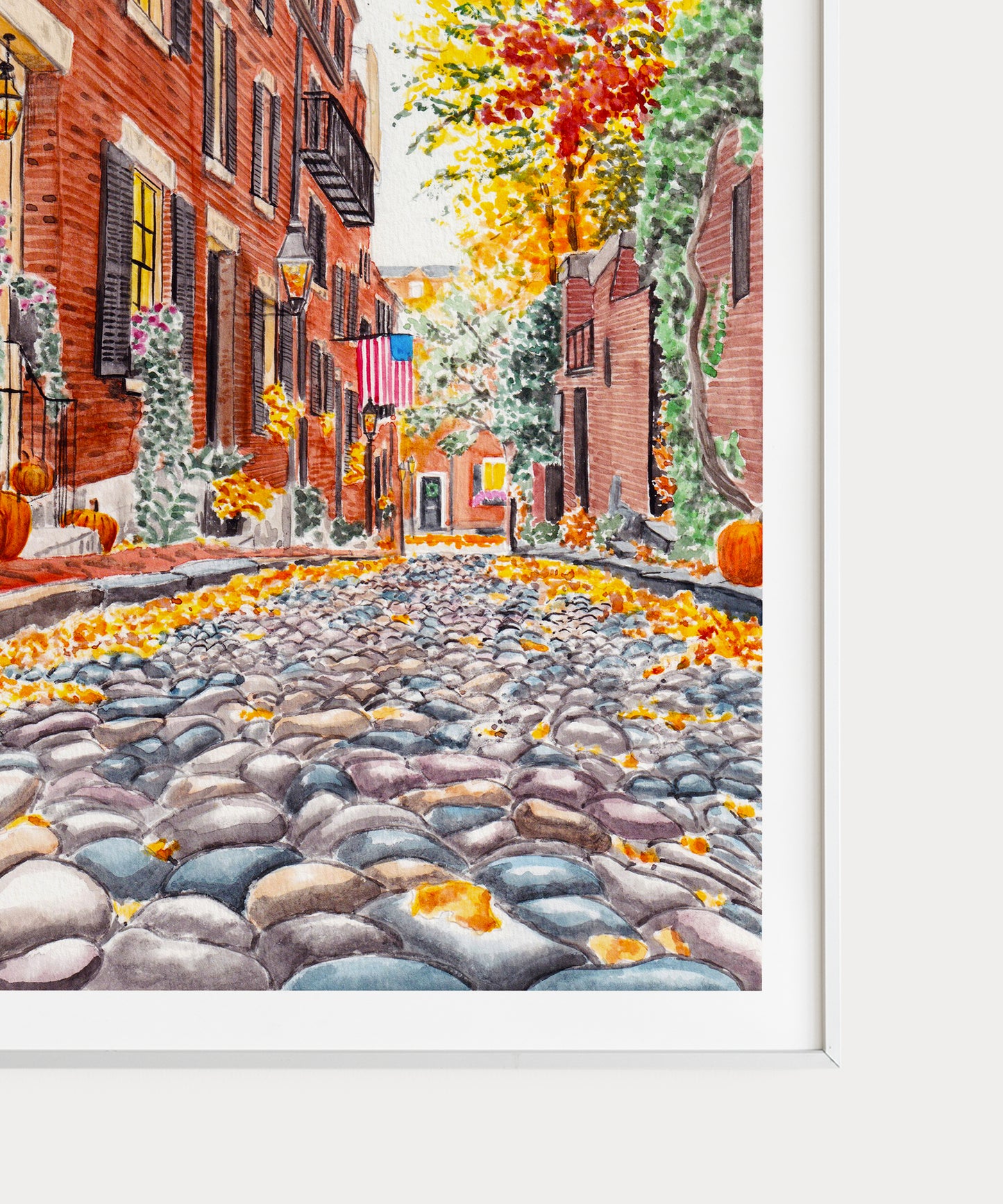 Acorn Boston in Fall Watercolor Art Print - US Fall Autumn Decor - NorrskenArt