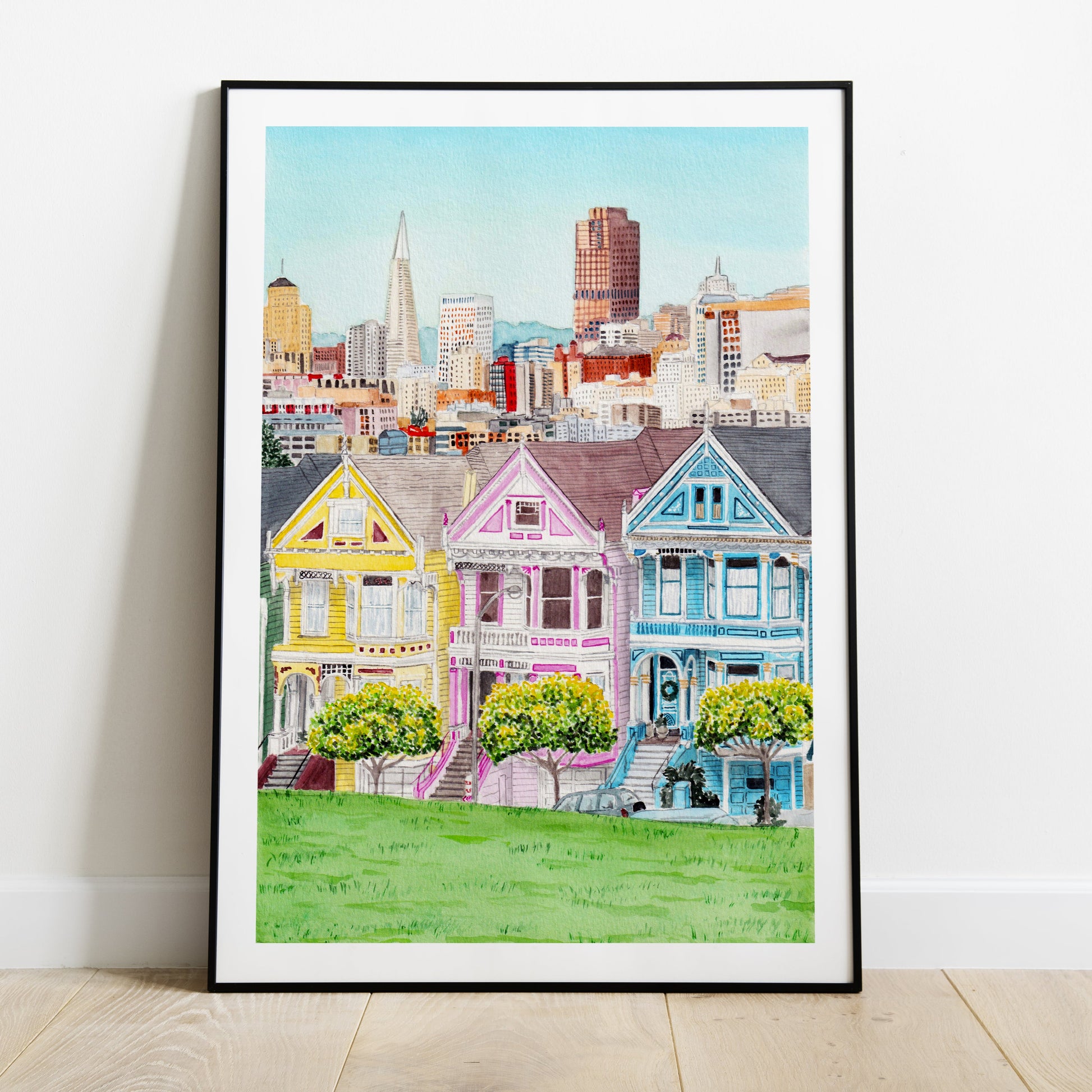 Alamo Square Painted Ladies Watercolor Art - NorrskenArt
