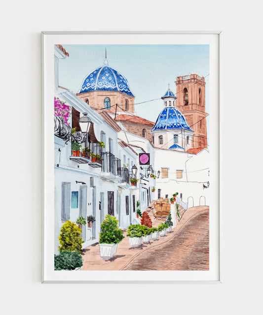 Altea Alicante Watercolor Art, Coastal Landscape, Spanish Decor, Gift Wall Art