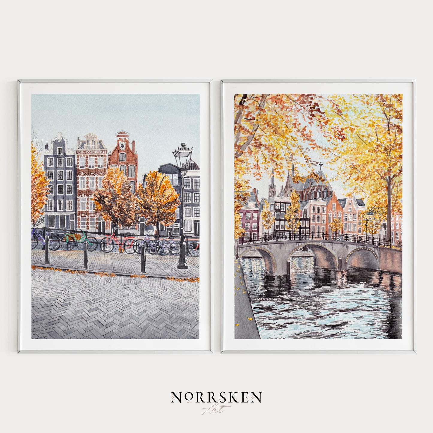 Amsterdam Fall Watercolor Wall Art - NorrskenArt