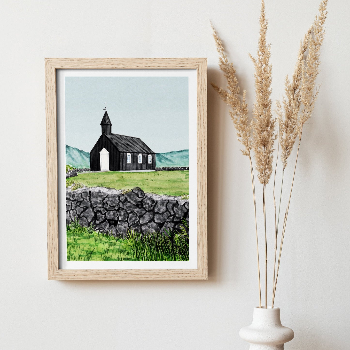 Black Church Budir Iceland Watercolor Art Scandinavian Decor