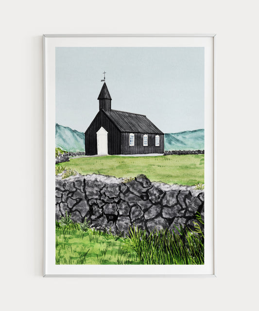 Iglesia Negra Budir Islandia Arte mural en acuarela Decoración escandinava Paisaje islandés Arte europeo Regalo de viaje