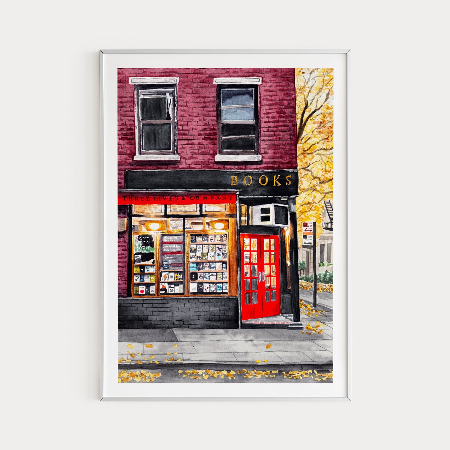 Bookstore New York in Fall Watercolor Art Print Autumn Decor NYC Travel Gift