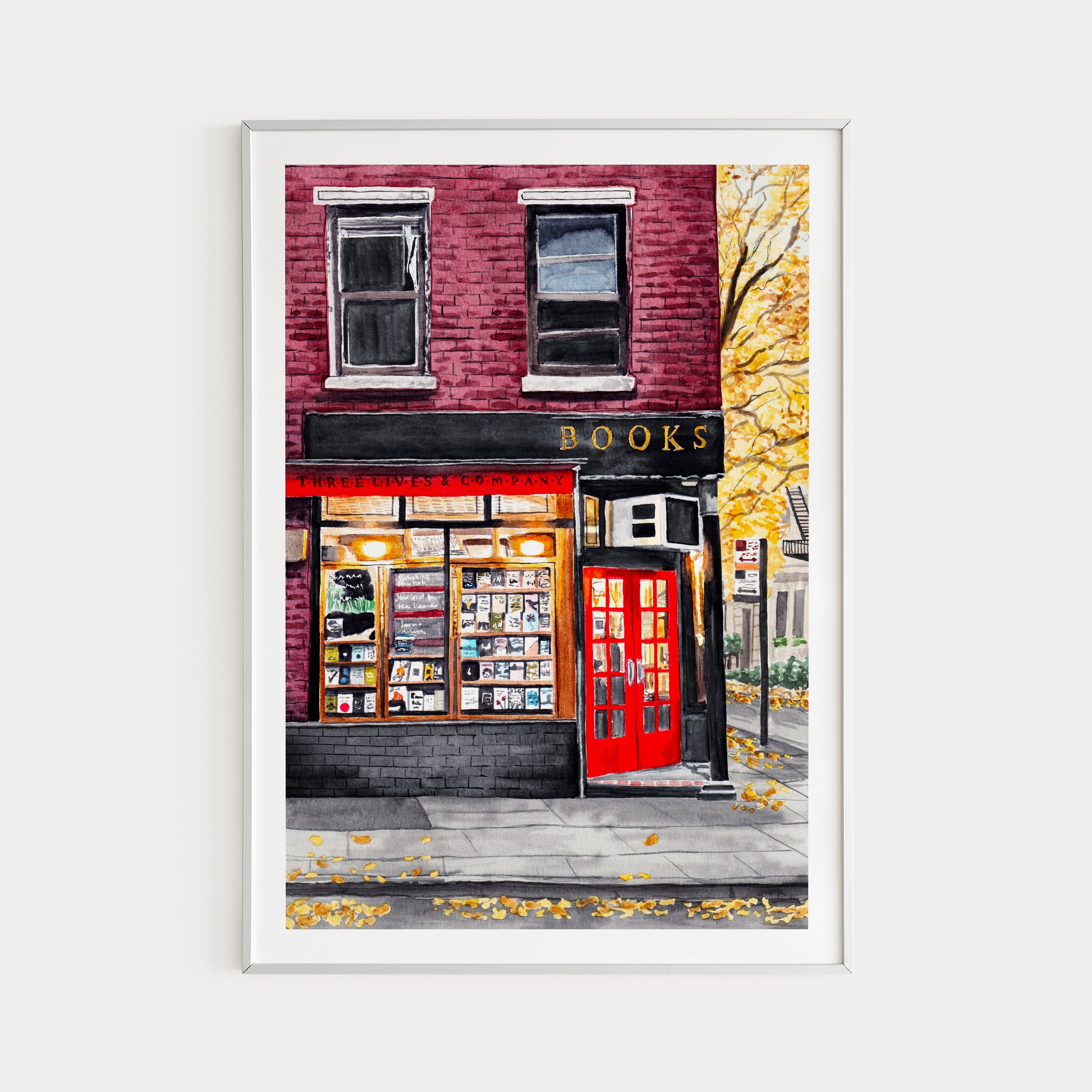 Bookstore New York in Fall Watercolor Art Print Autumn Decor NYC Travel Gift