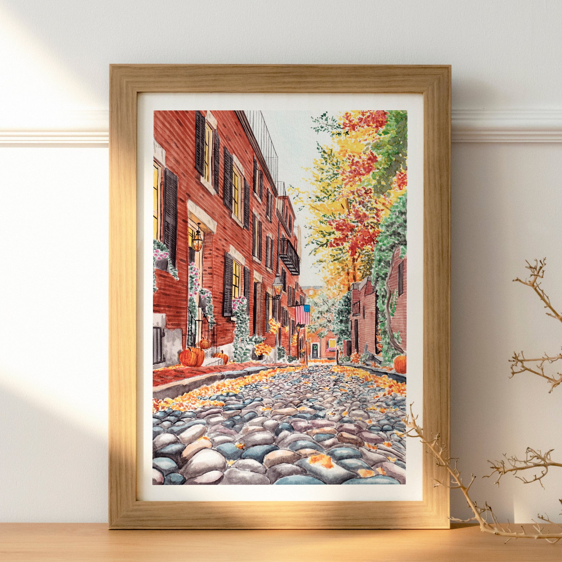 Boston watercolor fall wall art