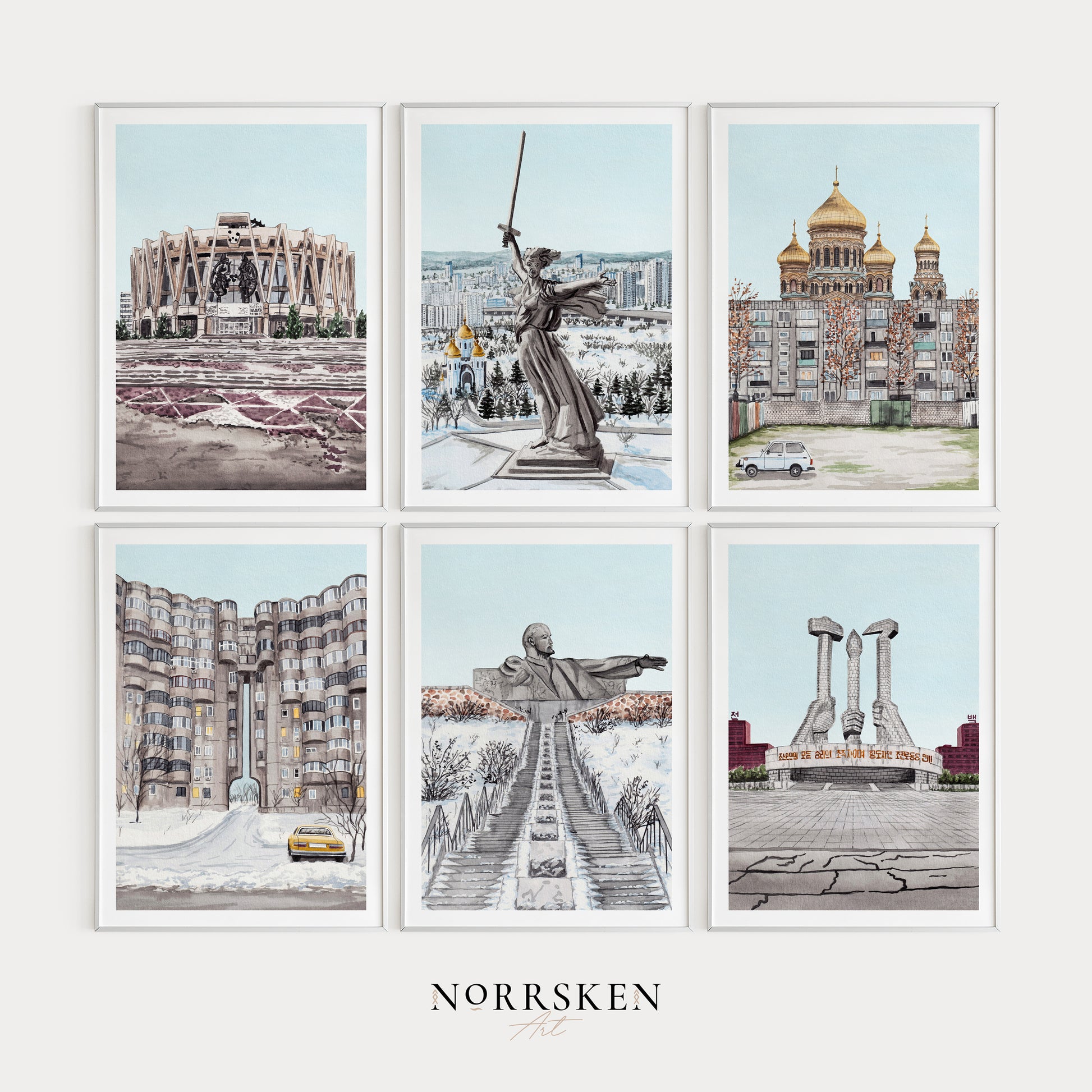 Brutalist Set of 6 Watercolor Wall Art - NorrskenArt