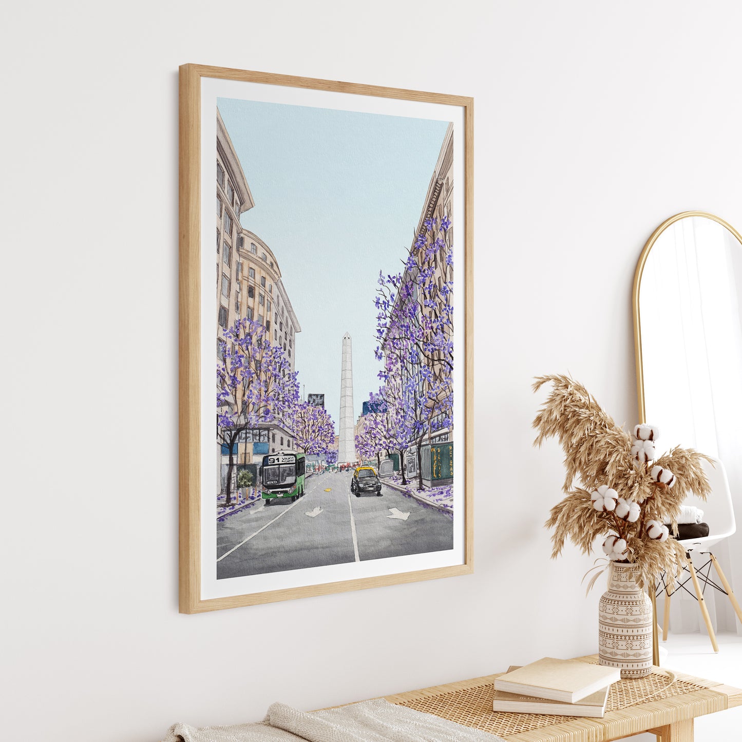 Buenos Aires Obelisco Watercolor Art Print, Argentina Wall Art, Jacaranda Trees, Buenos Aires Cityscape