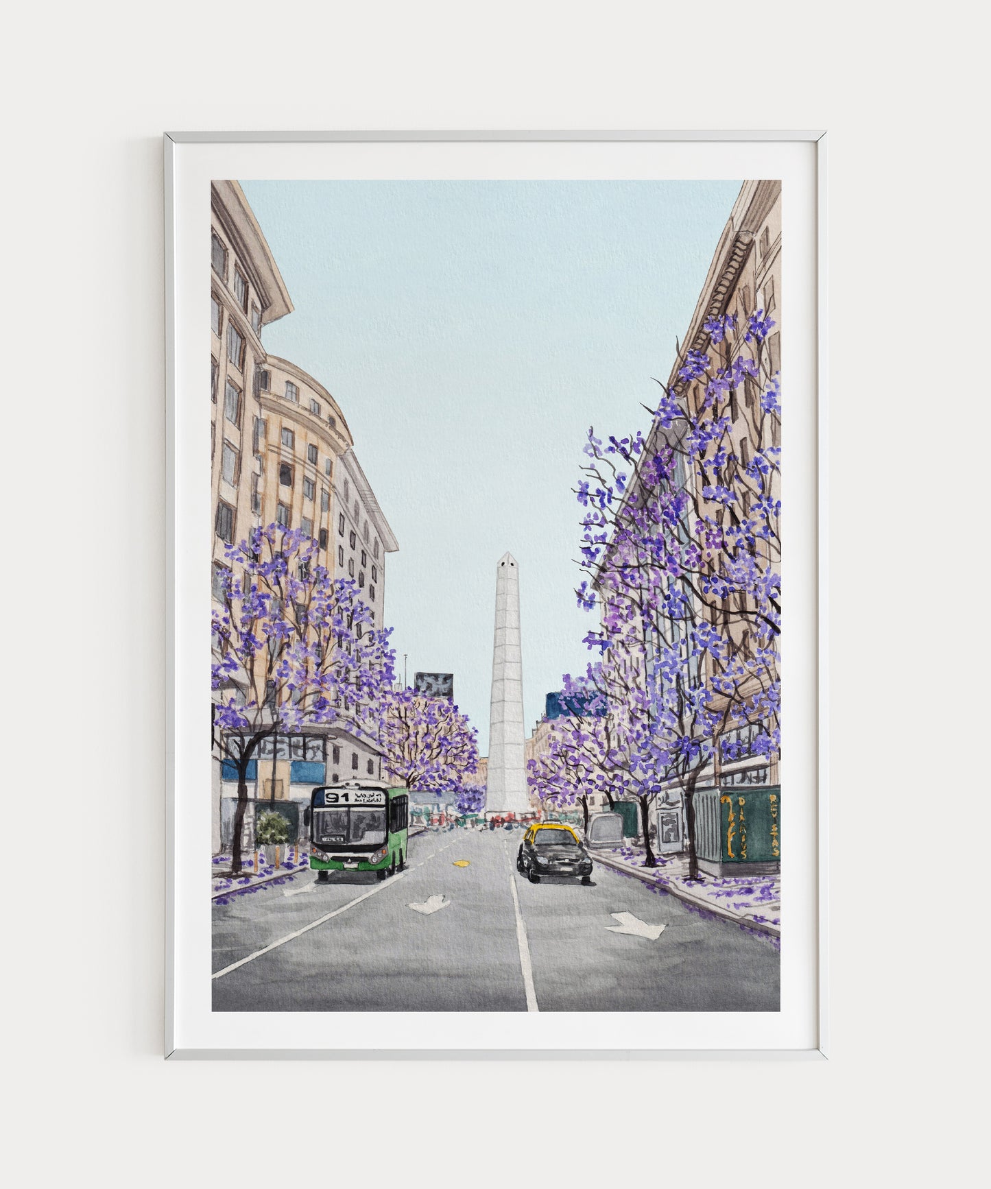 Buenos Aires Obelisco Watercolor Art Print, Argentina Wall Art, Jacaranda Trees, Buenos Aires Cityscape