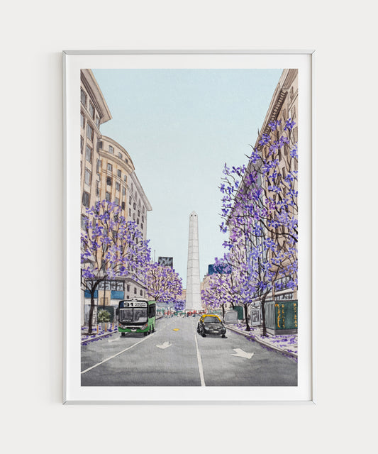 Buenos Aires Obelisco Watercolor Art Print, Argentina Wall Art, Jacaranda Trees, Buenos Aires Cityscape