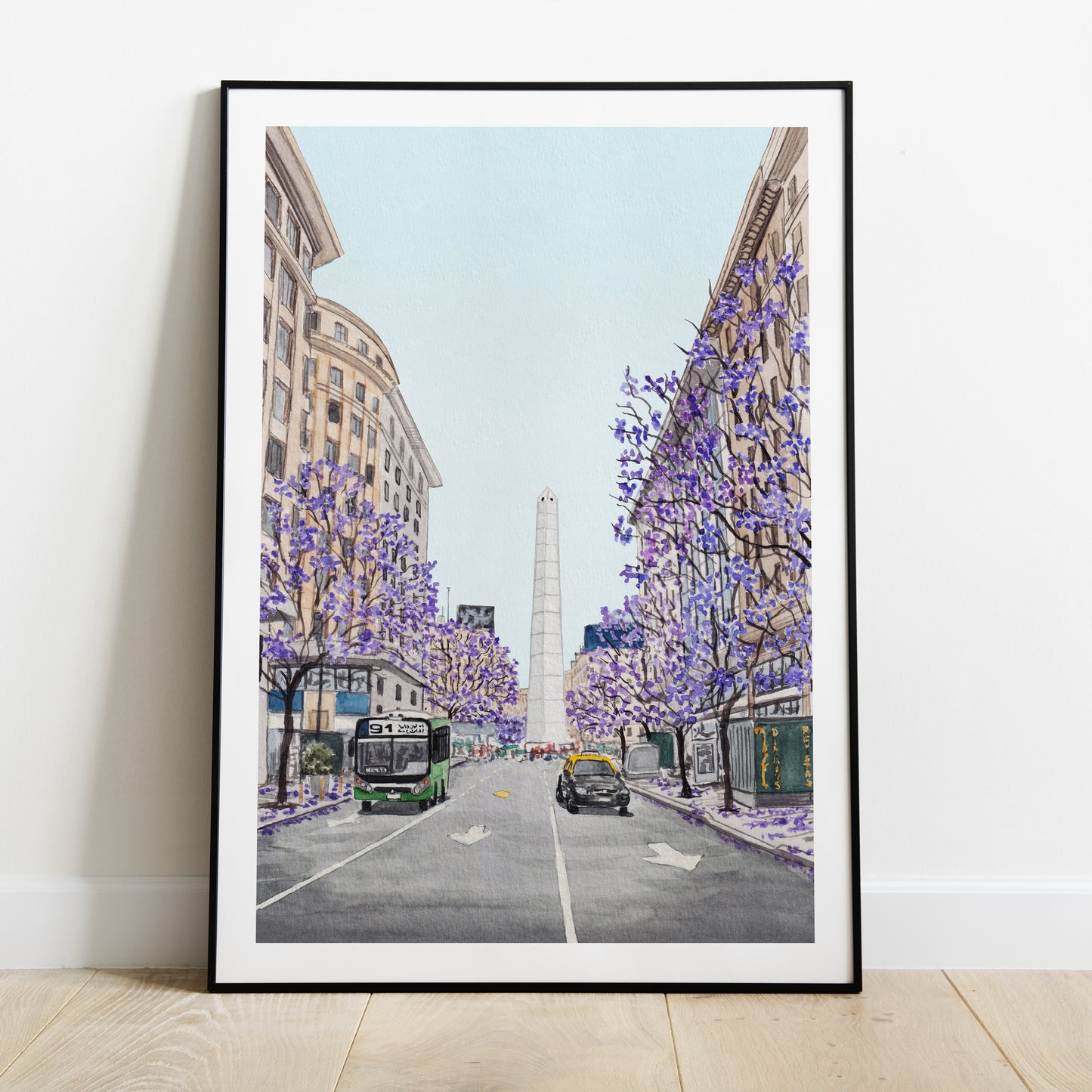 Buenos Aires Obelisco Watercolor Art Print, Argentina Wall Art, Jacaranda Trees, Buenos Aires Cityscape