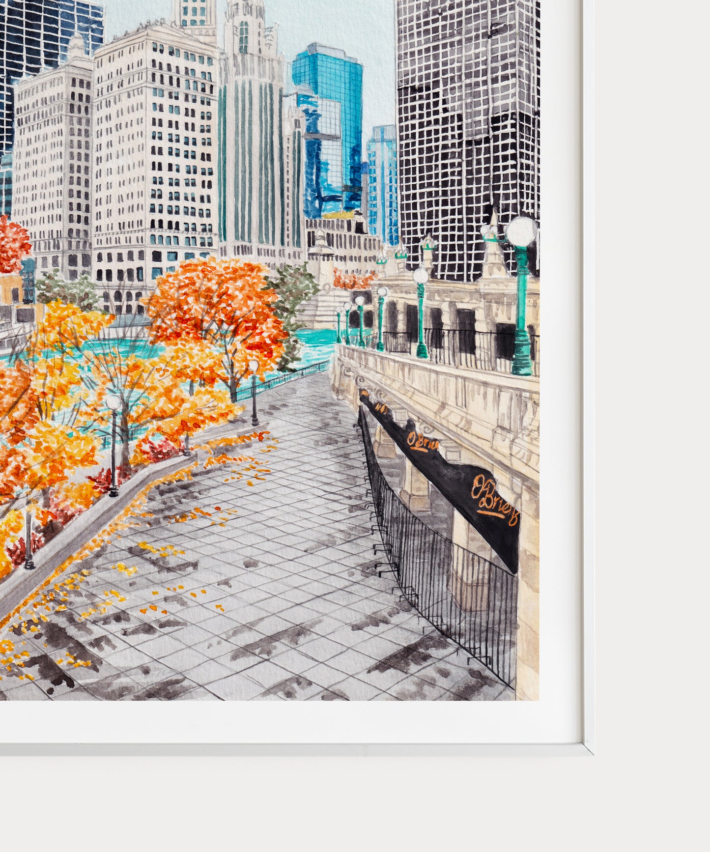 Chicago Riverwalk Watercolor Art Print - Autumn Wall Art - NorrskenArt