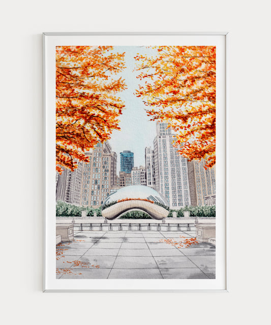Chicago The Bean in Fall Watercolor Art Print - Cloud Gate - USA Decor - Autumn Gift - NorrskenArt