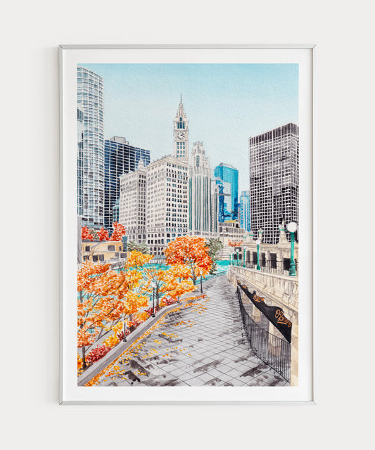 Chicago Riverwalk Watercolor Art Print - Autumn Wall Art - USA Decor - NorrskenArt