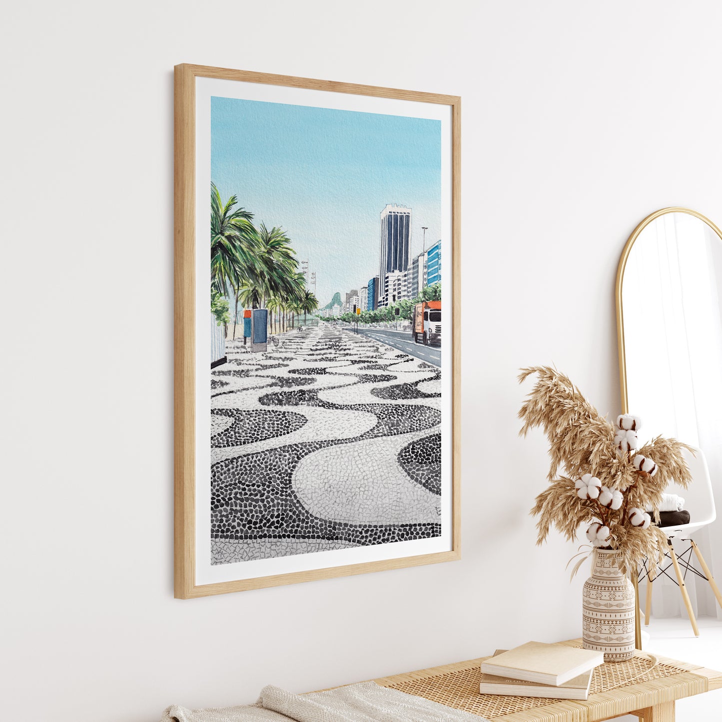 Impresión artística en acuarela de la playa de Copacabana, Río de Janeiro, Brasil | Paisaje urbano de Río de Janeiro | Regalo de viaje | Arte mural tropical