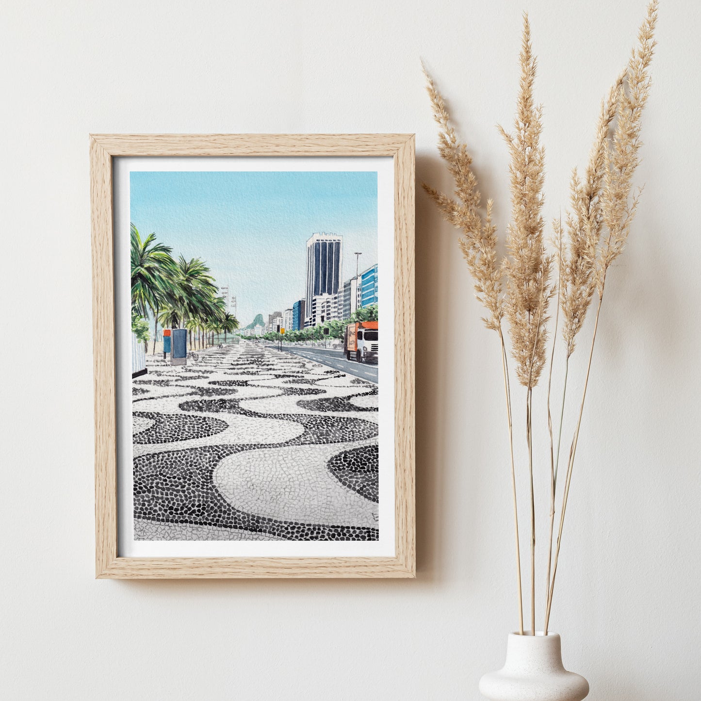 Impresión artística en acuarela de la playa de Copacabana, Río de Janeiro, Brasil | Paisaje urbano de Río de Janeiro | Regalo de viaje | Arte mural tropical