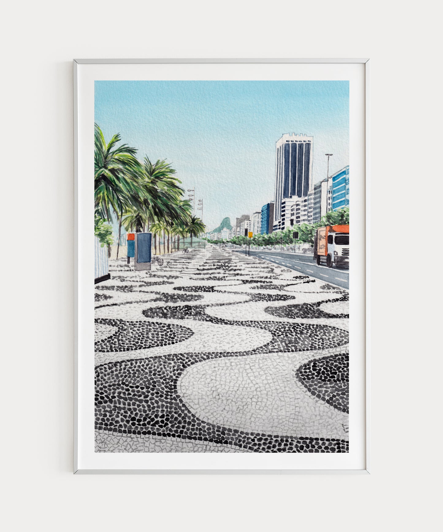 Impresión artística en acuarela de la playa de Copacabana, Río de Janeiro, Brasil | Paisaje urbano de Río de Janeiro | Regalo de viaje | Arte mural tropical