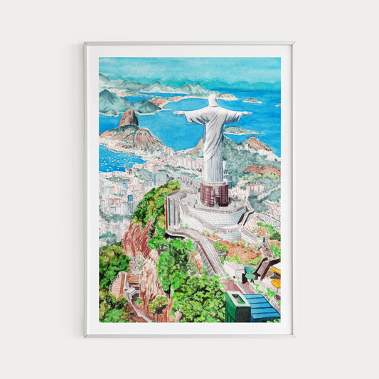 Christ the Redeemer Rio Brazil Watercolor Art Print | Brazilian Landmark | Rio de Janeiro Cityscape | Travel Gift | South American Decor