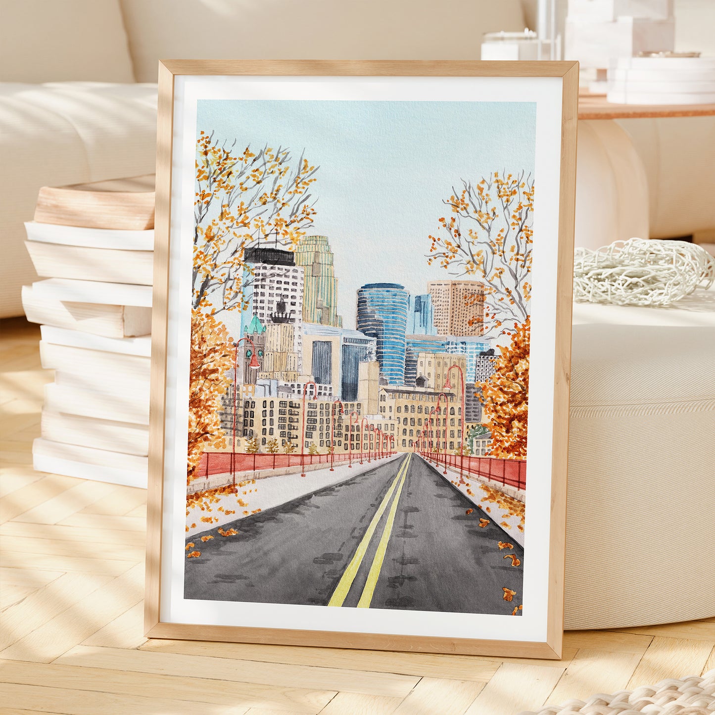 Minneapolis Watercolor Print, Minnesota Printable Wall Art, Minneapolis Cityscape Painting, Fall Decor