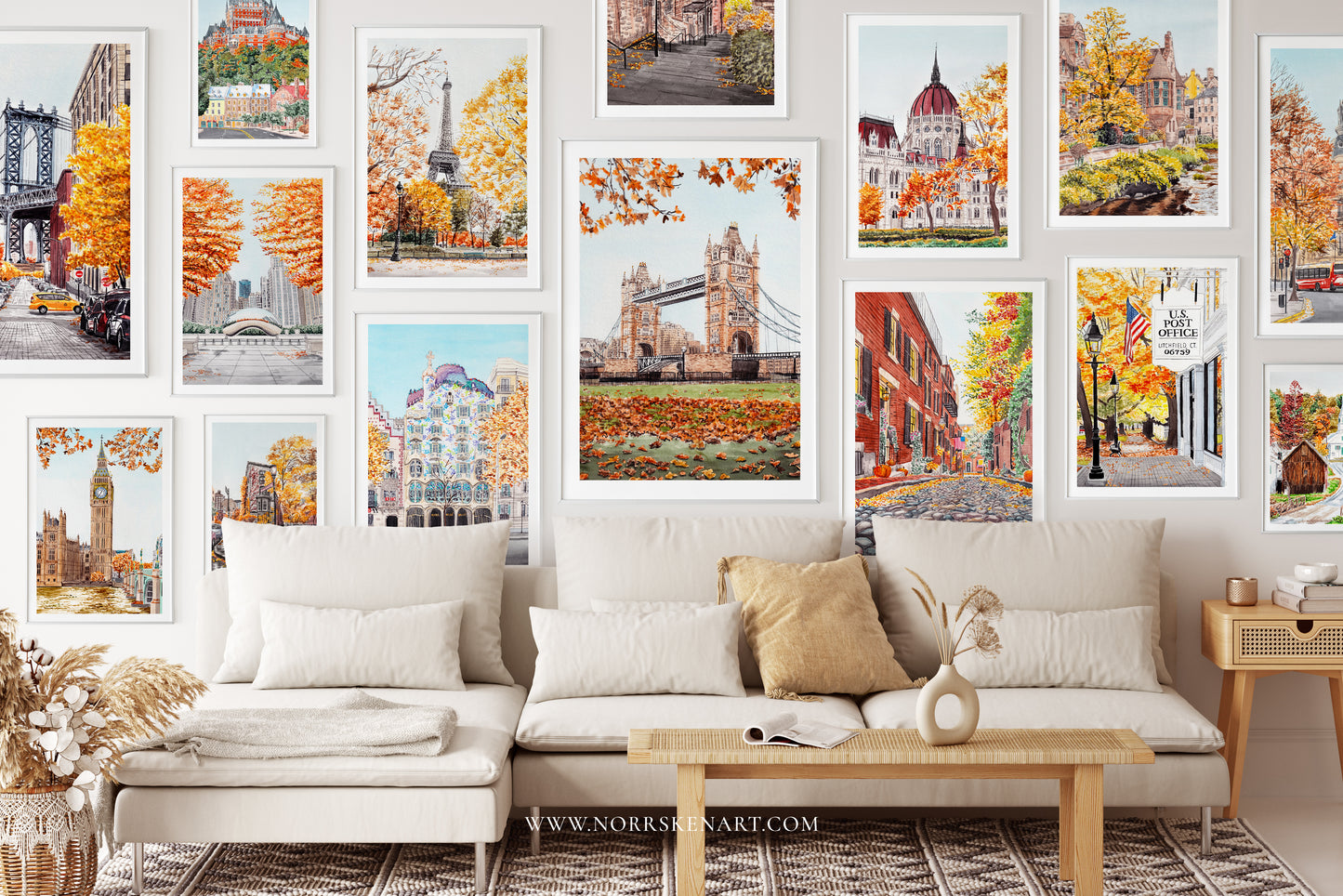 Fall Wall Art Bundle | Watercolor Prints of Iconic Landmarks from Around the World | Autumn Decor Collection