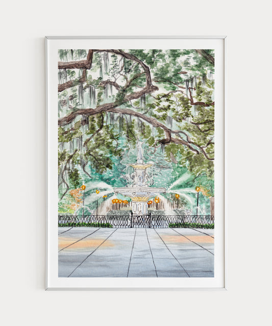 Forsyth Park Fountain Print, Savannah Wall Art, Watercolor Painting, Savannah Cityscape, Travel Gift